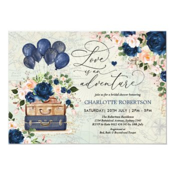 Vintage Navy Travel Bridal Shower Adventure Invitation Front View