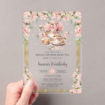 vintage pink floral high tea party bridal shower  acrylic invitations