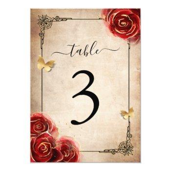 Vintage Red Rose Black Gold Table Number Cards Front View