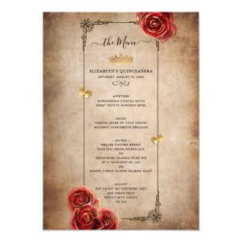 Vintage Red Rose Gold Black Elegant Watercolor Menu Front View