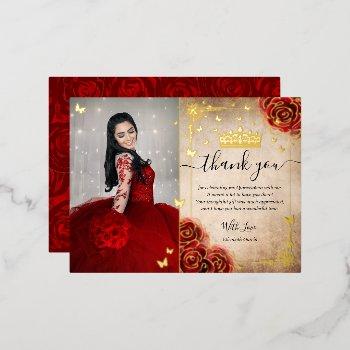vintage red rose parchment thank you real foil invitation postcard