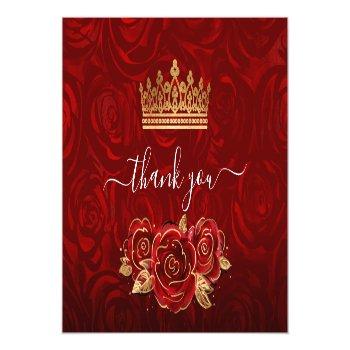 Vintage Rustic Red Roses Gold Crown Folded Thank You Card Front View