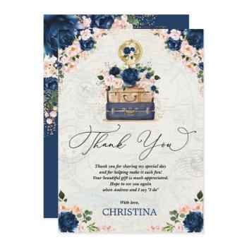 vintage travel bridal shower navy blush floral thank you card