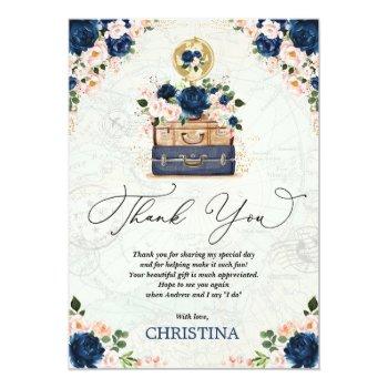 Vintage Travel Bridal Shower Navy Blush Floral Thank You Card Front View