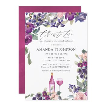 violet and plum floral bridal shower wine tasting invitation