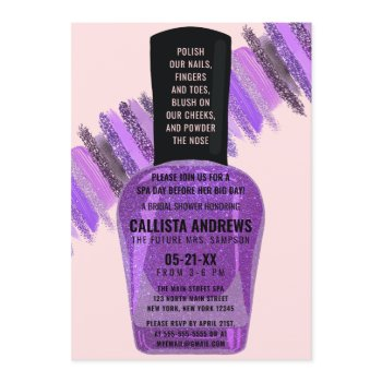 violet pink glitter nail polish spa bridal shower invitation