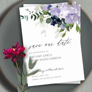 violet purple floral leafy save the date invite