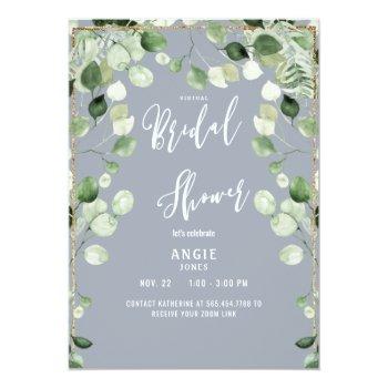 Virtual Zoom Bridal Shower Foliage Dusty Blue Invi Invitation Front View