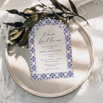 viva la novia blue talavera bridal shower invitation