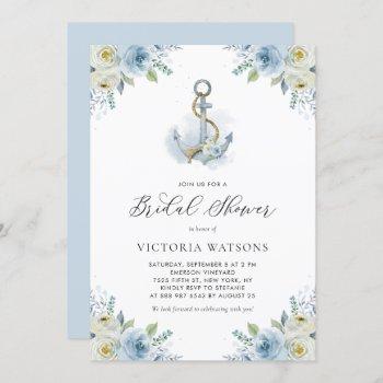 watercolor anchor and blue flowers bridal shower invitation