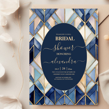 watercolor blue and gold art deco bridal invitation