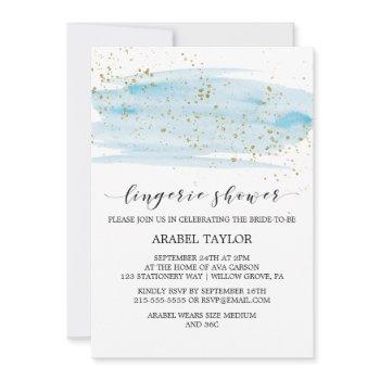 watercolor blue and gold sparkle lingerie shower invitation