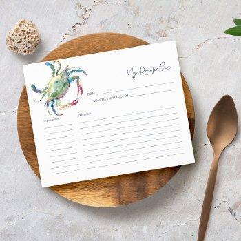 watercolor blue crab recipe card