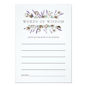 Watercolor Cotton Lavender Bridal Shower Advice Invitation Front View