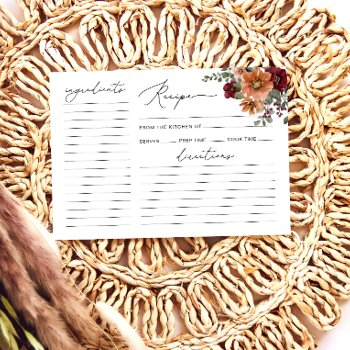 watercolor fall floral bridal shower recipe card