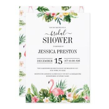 watercolor flamingo tropical floral bridal shower invitation