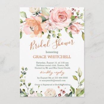 watercolor floral peach roses bridal shower invitation