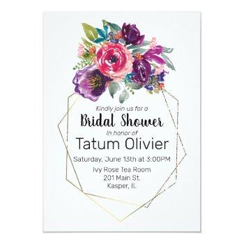 Watercolor Flower Bouquet Geometric Gold Frame Invitation Front View