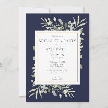 watercolor greenery navy blue bridal tea party invitation
