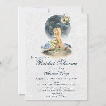 watercolor mermaid and full moon bridal shower invitation