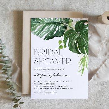 watercolor monstera leaves tropical bridal shower invitation