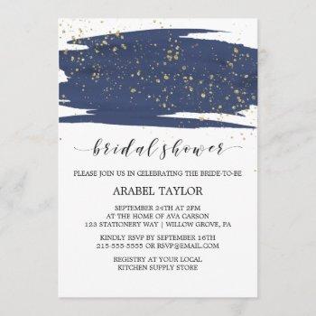 watercolor navy and gold sparkle bridal shower invitation
