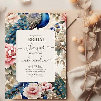 watercolor peacock chinoiserie bridal shower invitation