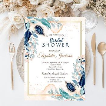 watercolor peacock floral bridal shower invitation