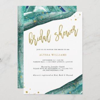 watercolor teal and gold geode bridal shower invitation