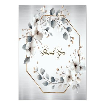Watercolor White Flowers Golden Frame Silver Teal Thank You Card Front View