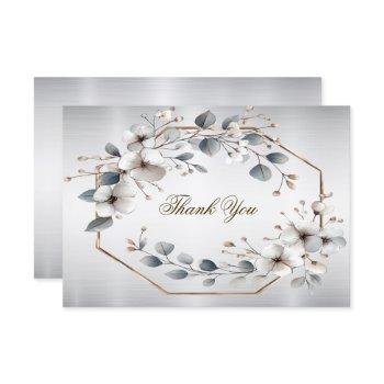 watercolor white flowers golden frame silver teal thank you card