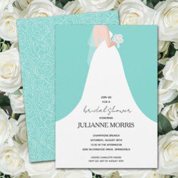 wedding dress on turquoise bridal shower invitation