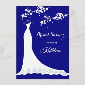 wedding gown, blossom on navy blue, bridal shower invitation
