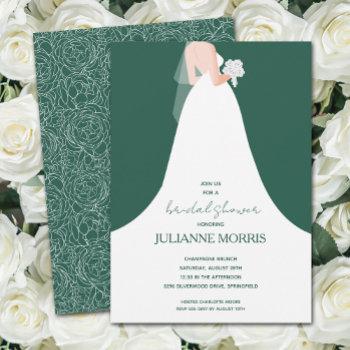 wedding gown on emerald green bridal shower invitation