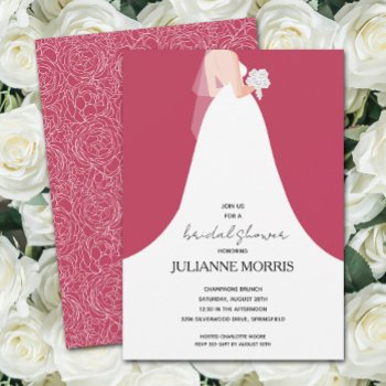 wedding gown on magenta bridal shower invitation