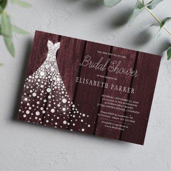 wedding gown rustic wood burgundy bridal shower invitation