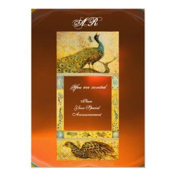 Wedding Love Peacocks Monogram Brown Orange Yellow Invitation Front View