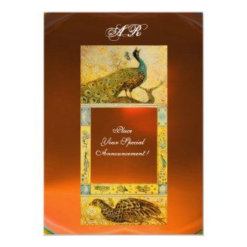 Wedding Love Peacocks Monogram Brown Orange Yellow Invitation Front View