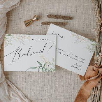 Whimsical Greenery And Gold Bridesmaid Card Front View