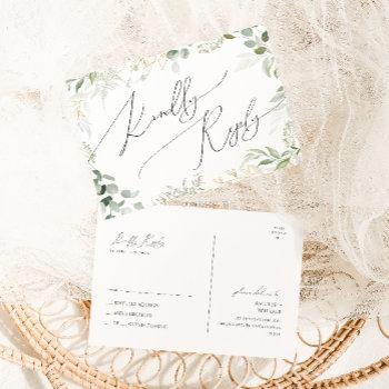 Whimsical Greenery And Gold Wedding Rsvp Postcard Front View