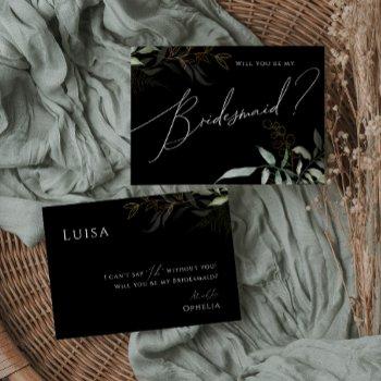 whimsical greenery black and gold bridesmaid card