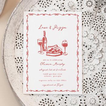 whimsical hand drawn pizza & wine bridal shower invitation