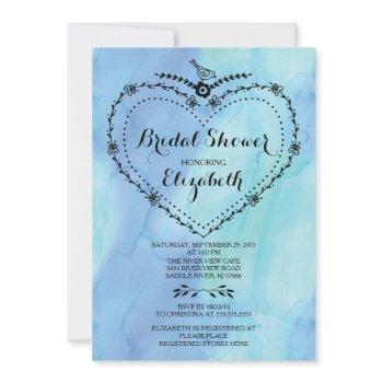 whimsical heart blue watercolor bridal shower invitation