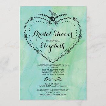 whimsical heart green watercolor bridal shower invitation