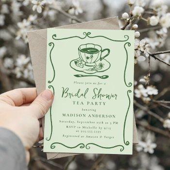 whimsical vintage green bridal shower tea party invitation