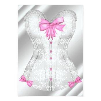 White Damask Pink Bows Corset Lingerie Shower Invitation Front View