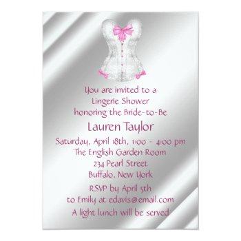 White Damask Pink Bows Corset Lingerie Shower Invitation Front View