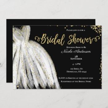 white dress & gold glitter black bridal shower invitation