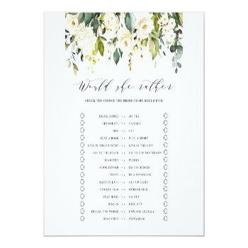 White Floral Would She Rather Bridal Shower Game Enclosure Card Front View