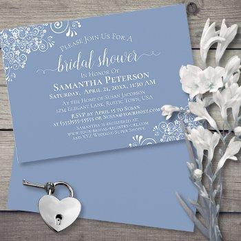 white lace on dusty blue elegant bridal shower invitation